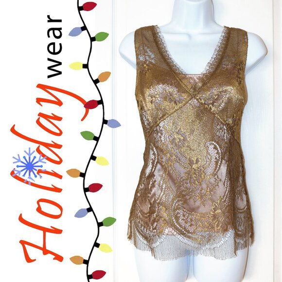 Elie Tahari burnished-gold lace sleeveless blouse with camisole - Picture 1 of 13